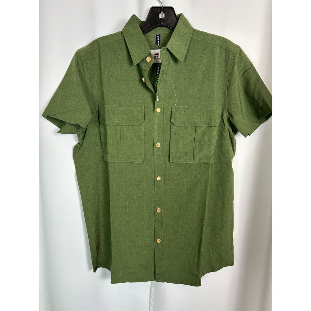 Ditch Plains Green Solid Short Sleeve Button Up Utility Shirt Safari NWOT Small